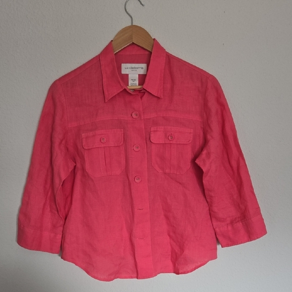 Liz Claiborne Bright Pink Button Down Shirt Casual 100% Linen Shirt - Picture 1 of 6